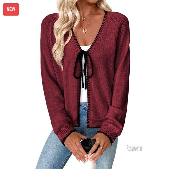 V-Neck Cardigan Sweater Open Front Bow Tie Chunky Knit Lightweight Outerwear